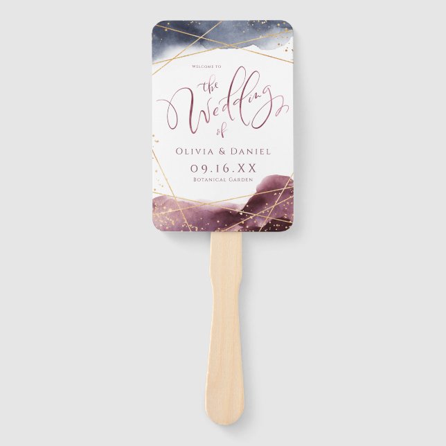 Dusk Watercolor Geometric Modern Wedding Program Hand Fan (Front)