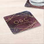 Dusk Watercolor Geometric Modern Wedding Square Paper Coaster<br><div class="desc">Glam faux gold glitter geometric lines and couples monogram on moody burgundy and navy blue watercolor background,  Modern and chic,  trendy wedding paper coasters for fall and winter wedding party. 
See all the matching pieces in collection.</div>