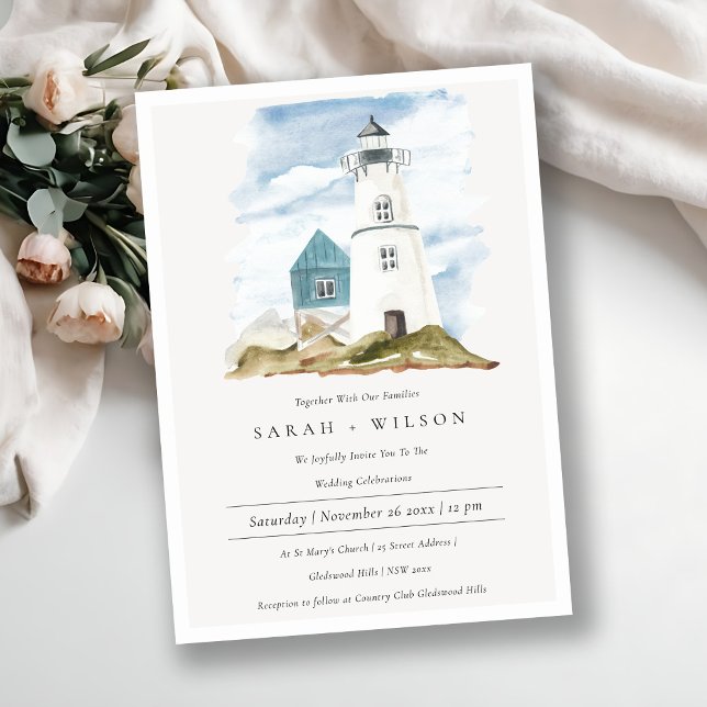 Dusky Aqua Blue Lighthouse Mountain Wedding Invite (Creator Uploaded)