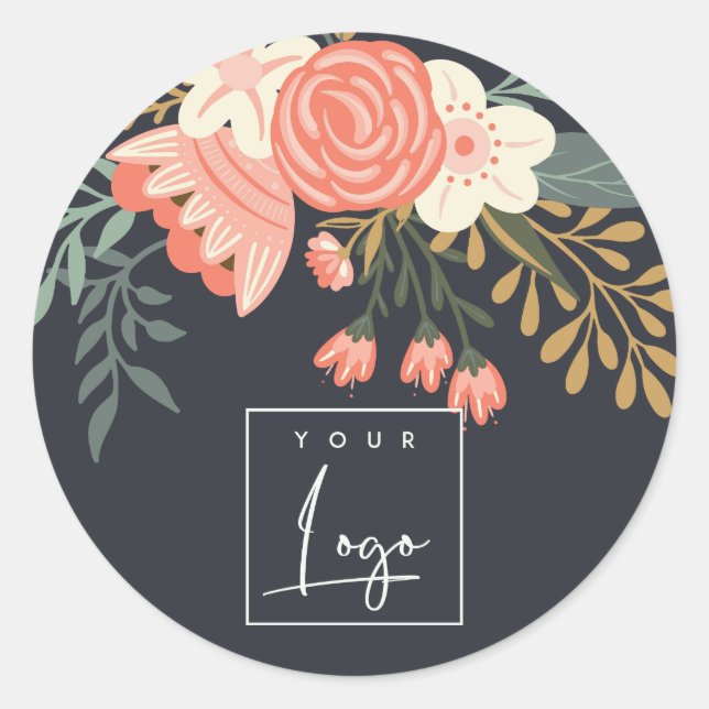 Dusky Black Orange Blush Ambrosia Floral Logo Classic Round Sticker (Front)