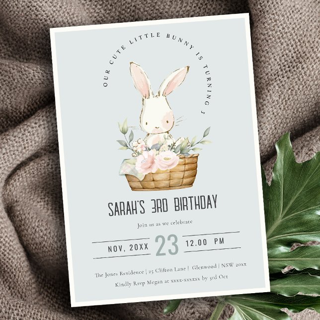 Dusky Blue Bunny In Floral Basket Kids Birthday Invitation (Creator Uploaded)
