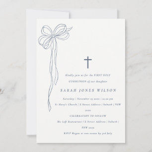 Dusky Blue Coquette Bow First Holy Communion Invitation
