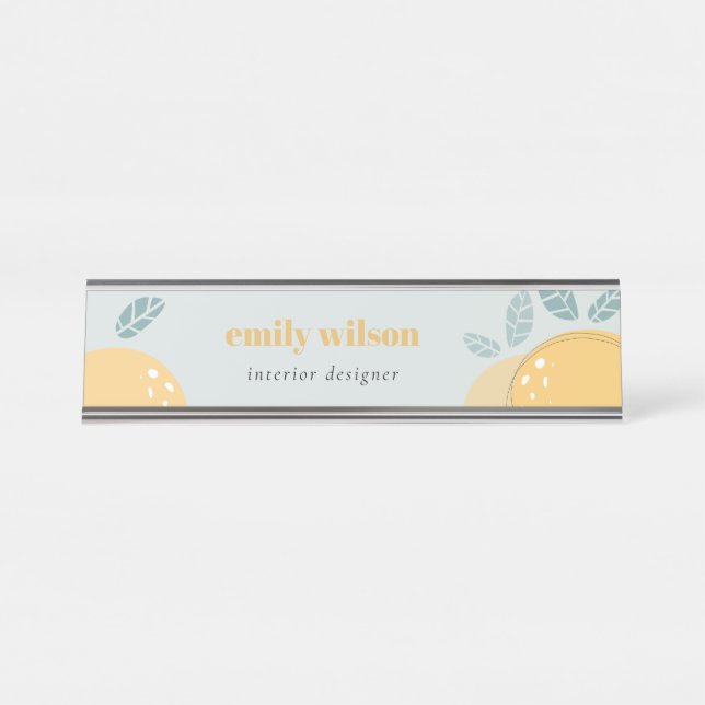 Dusky Blue Cute Lemon Abstract Bold Fruity Citrus Desk Name Plate (Front)