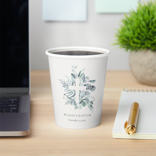 Dusky Blue Eucalyptus Fern Foliage Cross Baptism Paper Cups (Insitu)