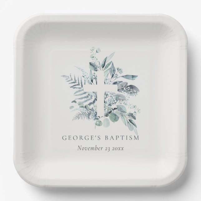 Dusky Blue Eucalyptus Fern Foliage Cross Baptism Paper Plate (Front)