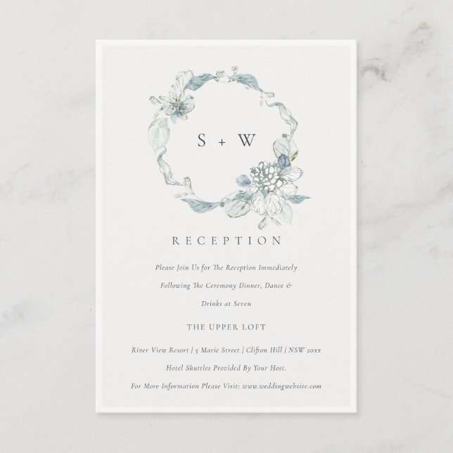 Dusky Blue Flora Wreath Monogram Wedding Reception Enclosure Card (Front)