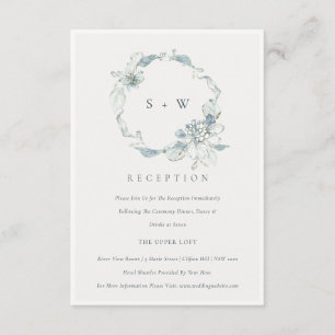Dusky Blue Flora Wreath Monogram Wedding Reception Enclosure Card