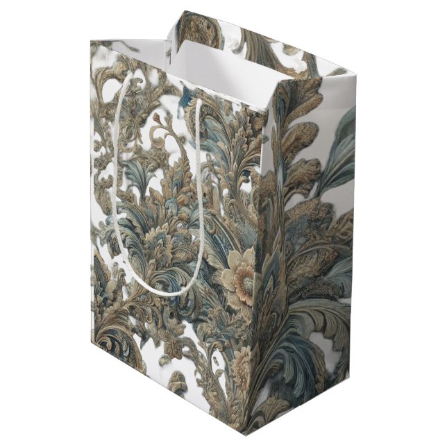 Dusky Blue Floral Brocade Pattern Medium Gift Bag (Back Angled)