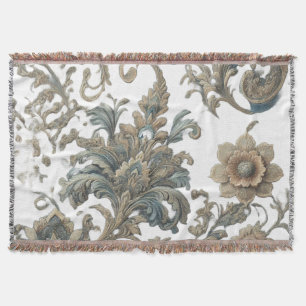 Dusky Blue Floral Brocade Pattern Throw Blanket