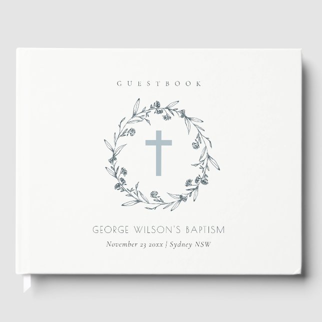 Dusky Blue Floral Laurel Wreath Monogram Baptism Guest Book (Front)