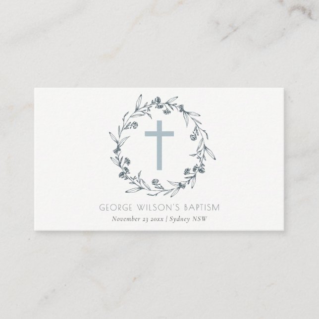 Dusky Blue Floral Laurel Wreath Monogram Baptism Place Card (Front)