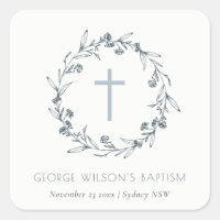 Dusky Blue Floral Laurel Wreath Monogram Baptism