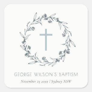 Dusky Blue Floral Laurel Wreath Monogram Baptism Square Sticker