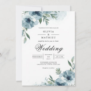 Dusky Blue Floral Swirl Wedding Invitation