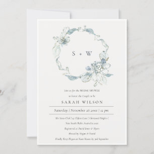 Dusky Blue Floral Wreath Bridal Shower Invite 