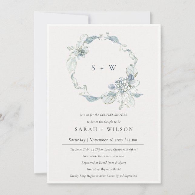 Dusky Blue Floral Wreath Couples Shower Invite  (Front)