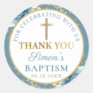 Dusky Blue Gold Floral Baptism Thank You Classic Round Sticker