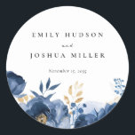 Dusky Blue Gold Floral Wedding Classic Round Sticker<br><div class="desc">Dusky Blue Gold Floral Wedding Classic Round Sticker</div>