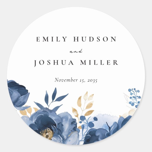 Dusky Blue Gold Floral Wedding Classic Round Sticker (Front)