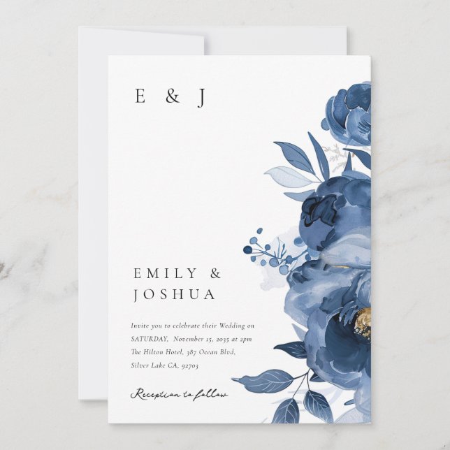 Dusky Blue Gold Floral Wedding Invitation (Front)