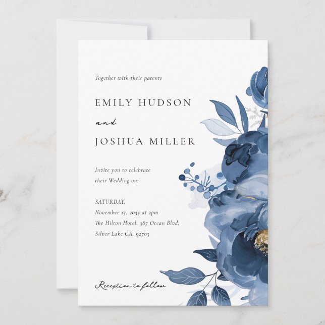 Dusky Blue Gold Floral Wedding Invitation (Front)