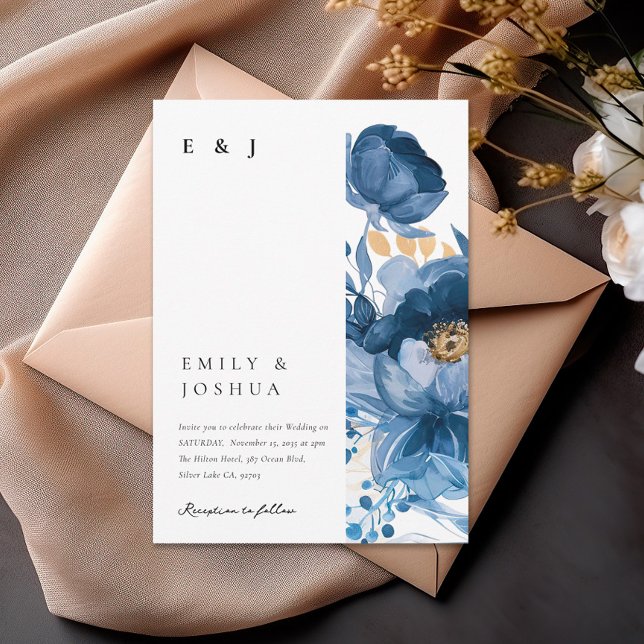 Dusky Blue Gold Floral Wedding Invitation (Creator Uploaded)