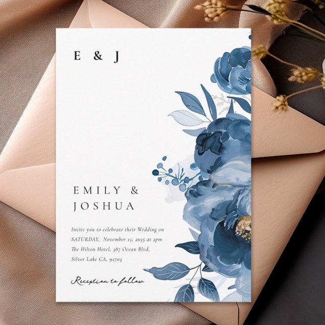 Dusky Blue Gold Floral Wedding Invitation (Creator Uploaded)