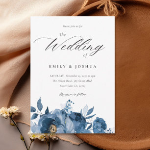 Dusky Blue Gold Floral Wedding Invitation