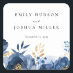 Dusky Blue Gold Floral Wedding Square Sticker<br><div class="desc">Dusky Blue Gold Floral Wedding Square Sticker</div>