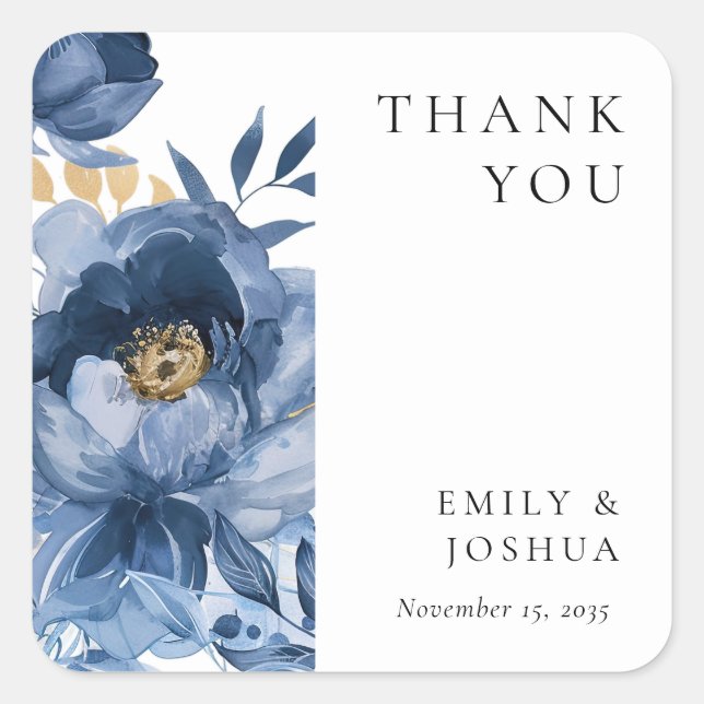 Dusky Blue Gold Floral Wedding Square Sticker (Front)