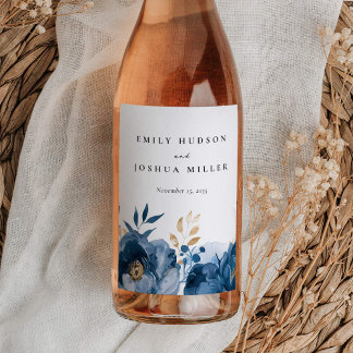 Dusky Blue Gold Floral Wedding Wine Label