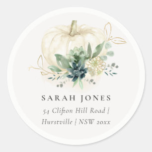 Dusky Blue Green Gold Succulent Pumpkin Address Classic Round Sticker