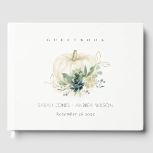 Dusky Blue Green Gold Succulent Pumpkin Wedding  Guest Book
