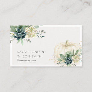 Dusky Blue Green Gold Succulent Pumpkin Wedding  Place Card