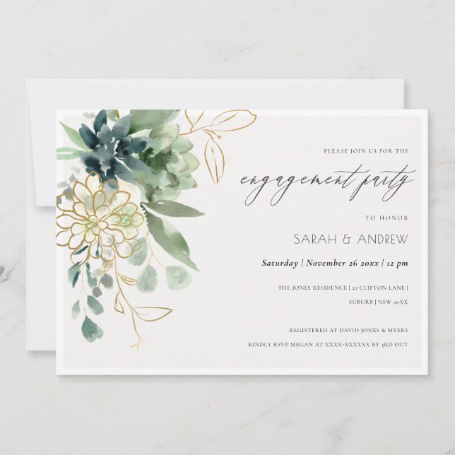 Dusky Blue Green Succulent Fauna Engagement Invite (Front)