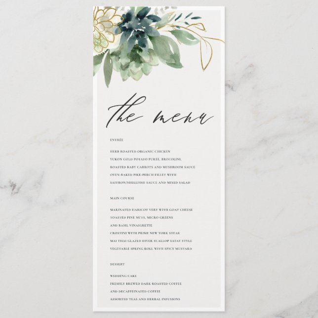 Dusky Blue Green Succulent Foliage Wedding Menu (Front)