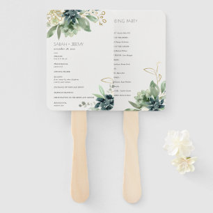 Dusky Blue Green Succulent Foliage Wedding Program Hand Fan