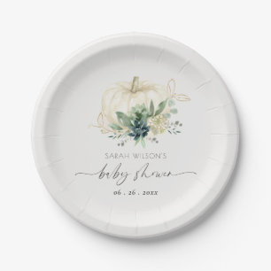 Dusky Blue Green Succulent Pumpkin Baby Shower Paper Plate