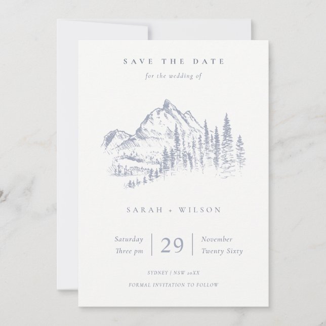 Dusky Blue Grey Kraft Rustic Pine Mountain Sketch Save The Date (Front)
