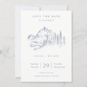 Dusky Blue Grey Kraft Rustic Pine Mountain Sketch Save The Date