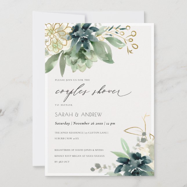 Dusky Blue Succulent Foliage Couples Invitation do (Devant)
