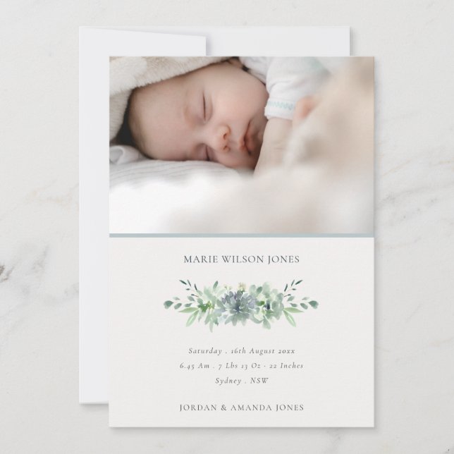 Dusky Blue Succulent Photo Baby Birth Announcement (Front)