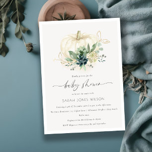 Dusky Blue Succulent Pumpkin Baby Shower Invite