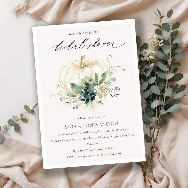 Dusky Blue Succulent Pumpkin Bridal Shower Invite (Creator Uploaded)