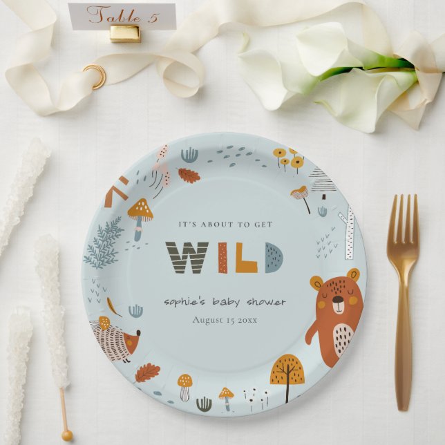Dusky Blue Wild Woodland Animals Baby Shower Paper Plate (Wedding)