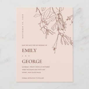 DUSKY BLUSH LINE DRAWING FLORAL SAVE THE DATE ANNOUNCEMENT POSTCARD