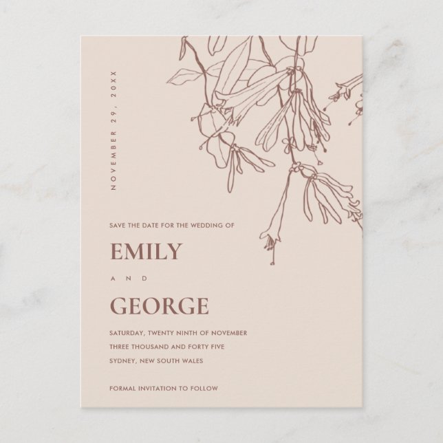 DUSKY BLUSH LINE DRAWING FLORAL SAVE THE DATE ANNOUNCEMENT POSTCARD (Front)