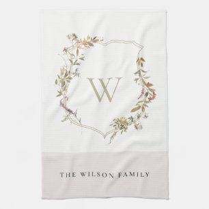 Dusky Blush Pink Wildflower Crest Monogram Kitchen Towel