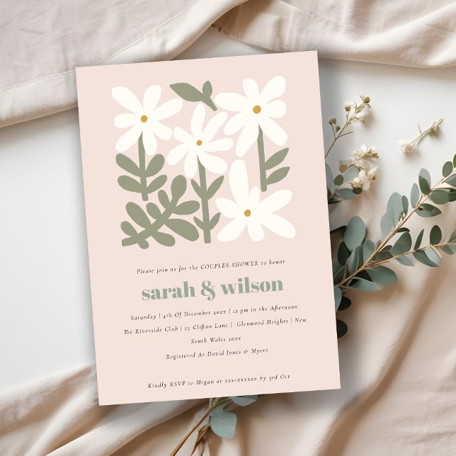 Dusky Blush Retro Minimal Floral Couples Shower Invitation (Creator Uploaded)