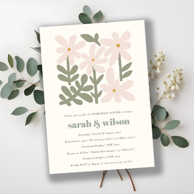Dusky Blush Retro Minimal Floral Rehearsal Dinner Invitation (Creator Uploaded)